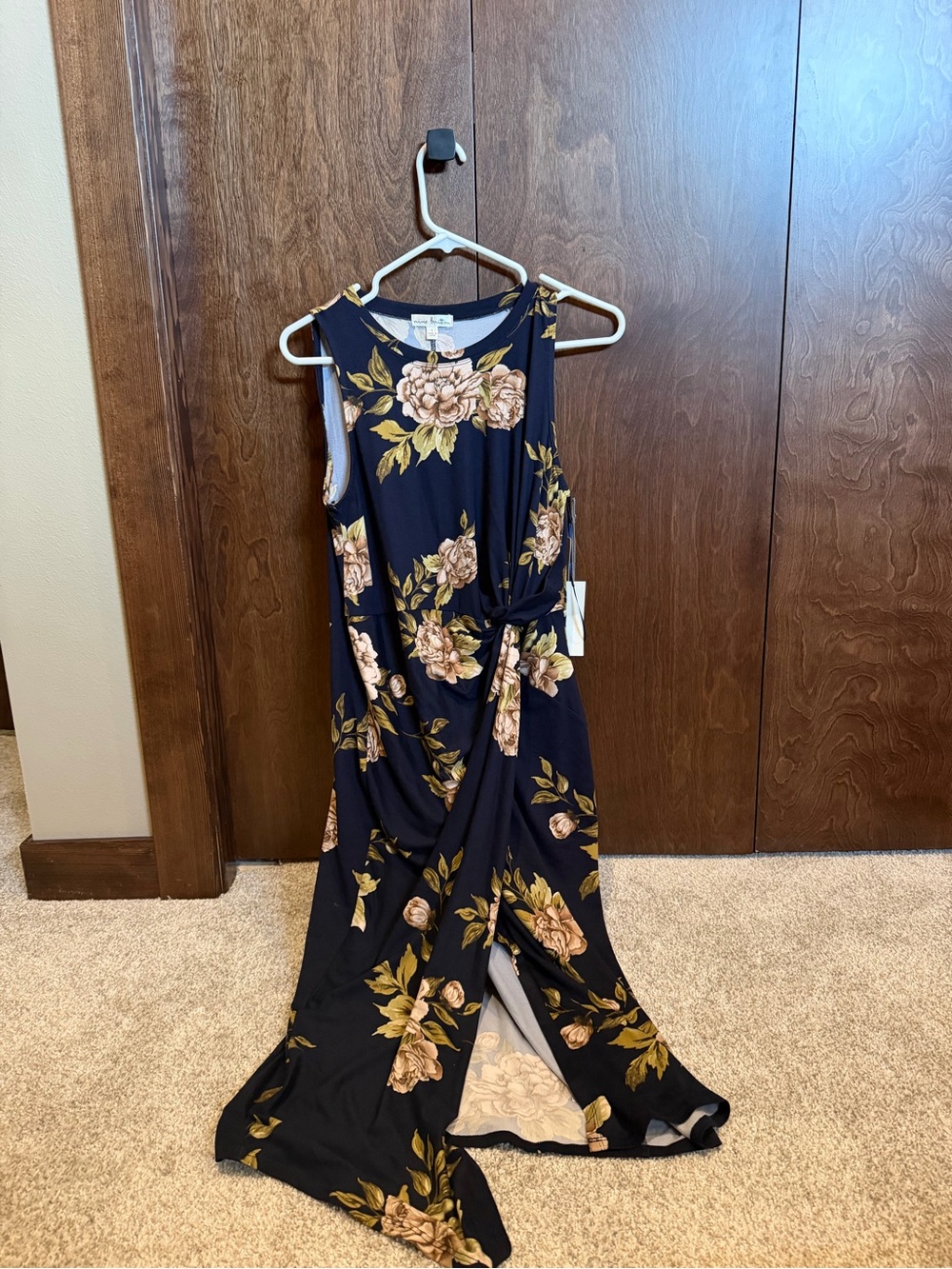 Women’s Sleeveless Navy Floral Maxi Dress with Side Twist
